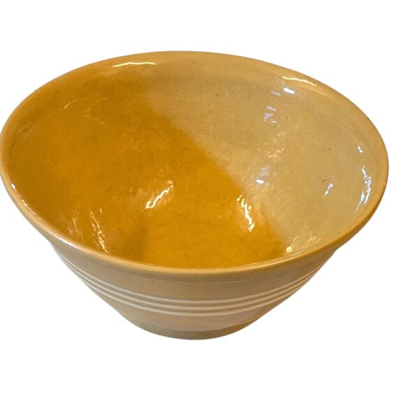Vintage Yellow Ware Mixing Bowl 3 White Bands Stripes Farmhouse AS IS - Picture 11 of 16